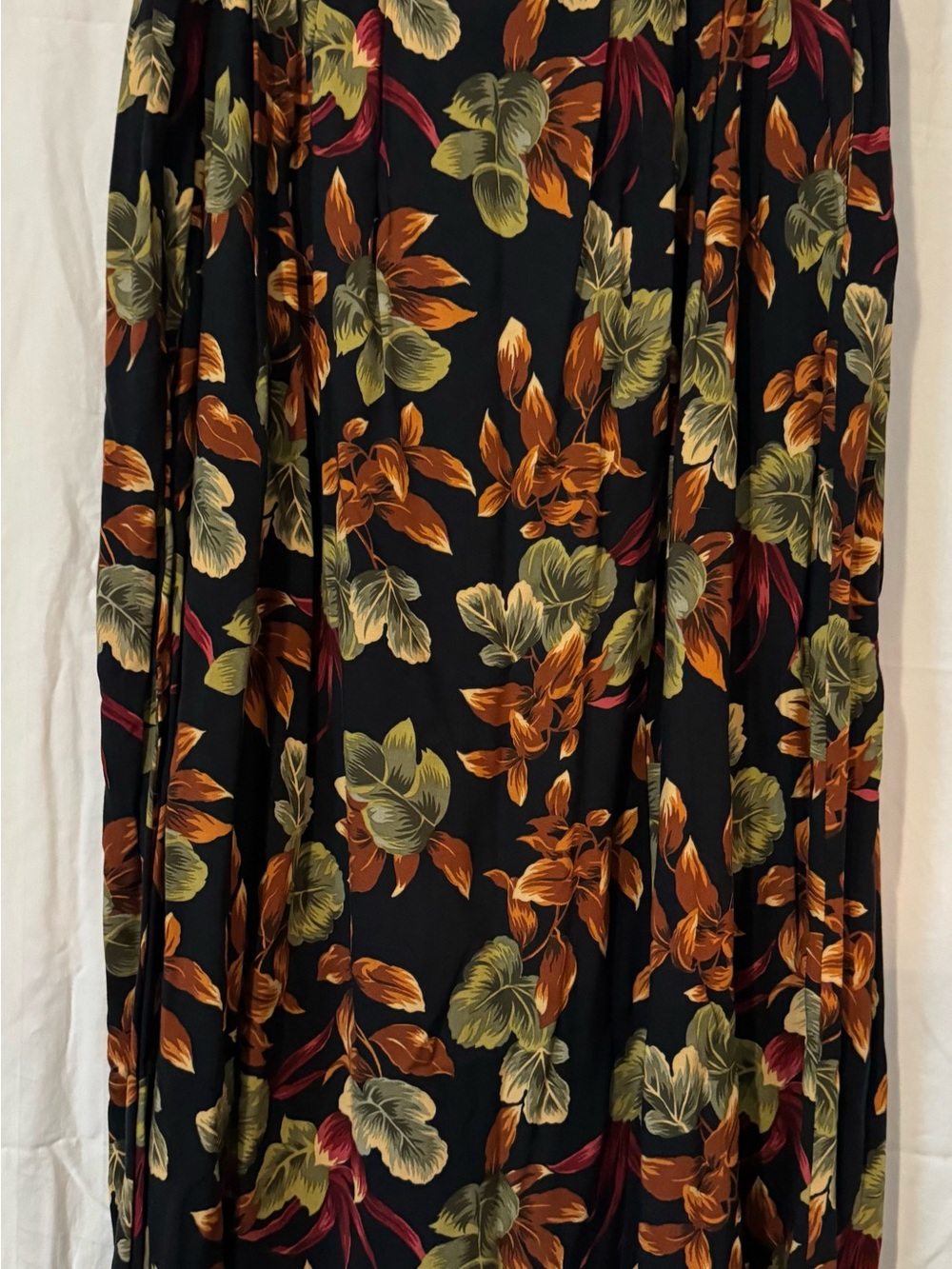 90s Vintage Sag Harbor Black Maxi Skirt with Olive Green & Rust Floral
